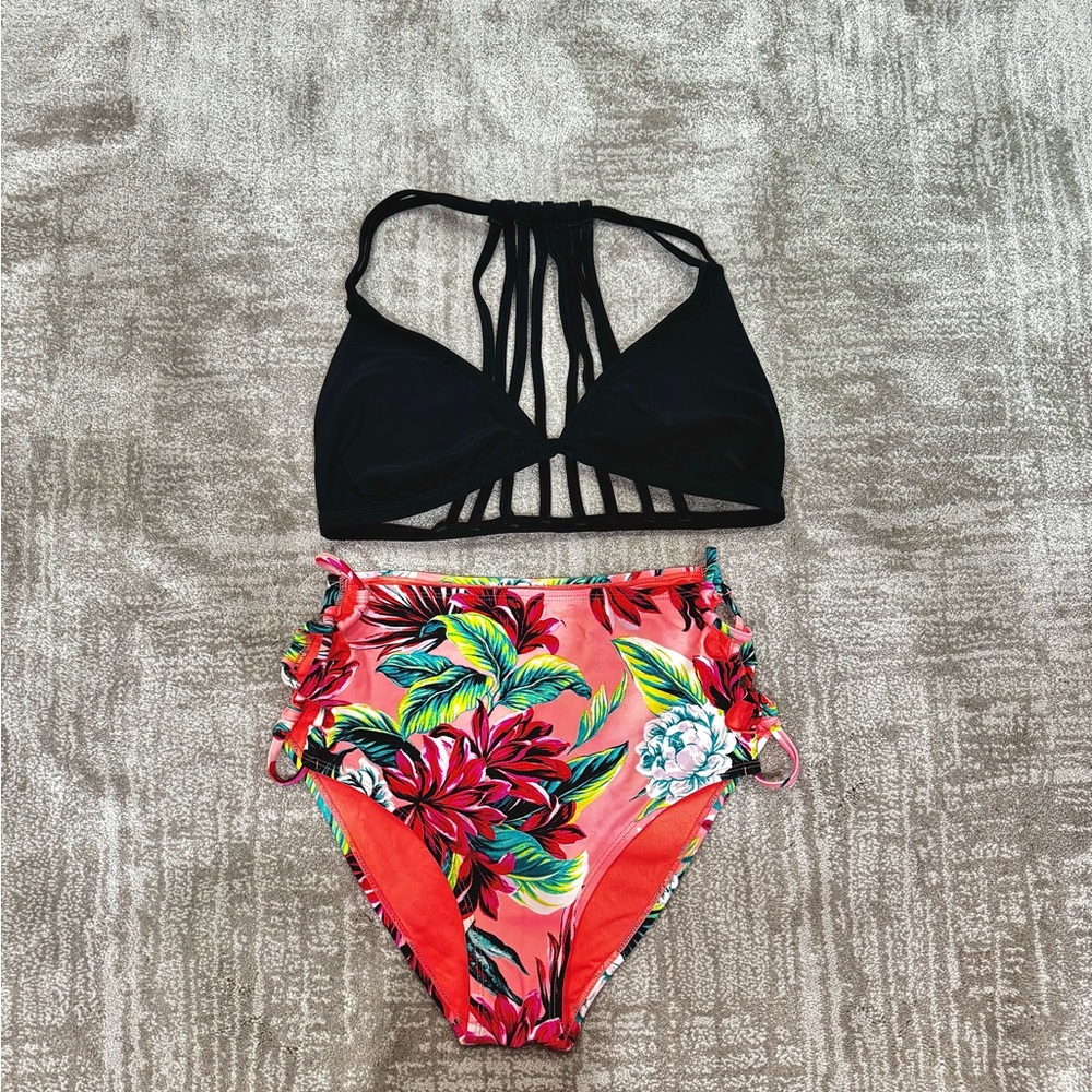 Xhilaration Black and Floral Bikini Set